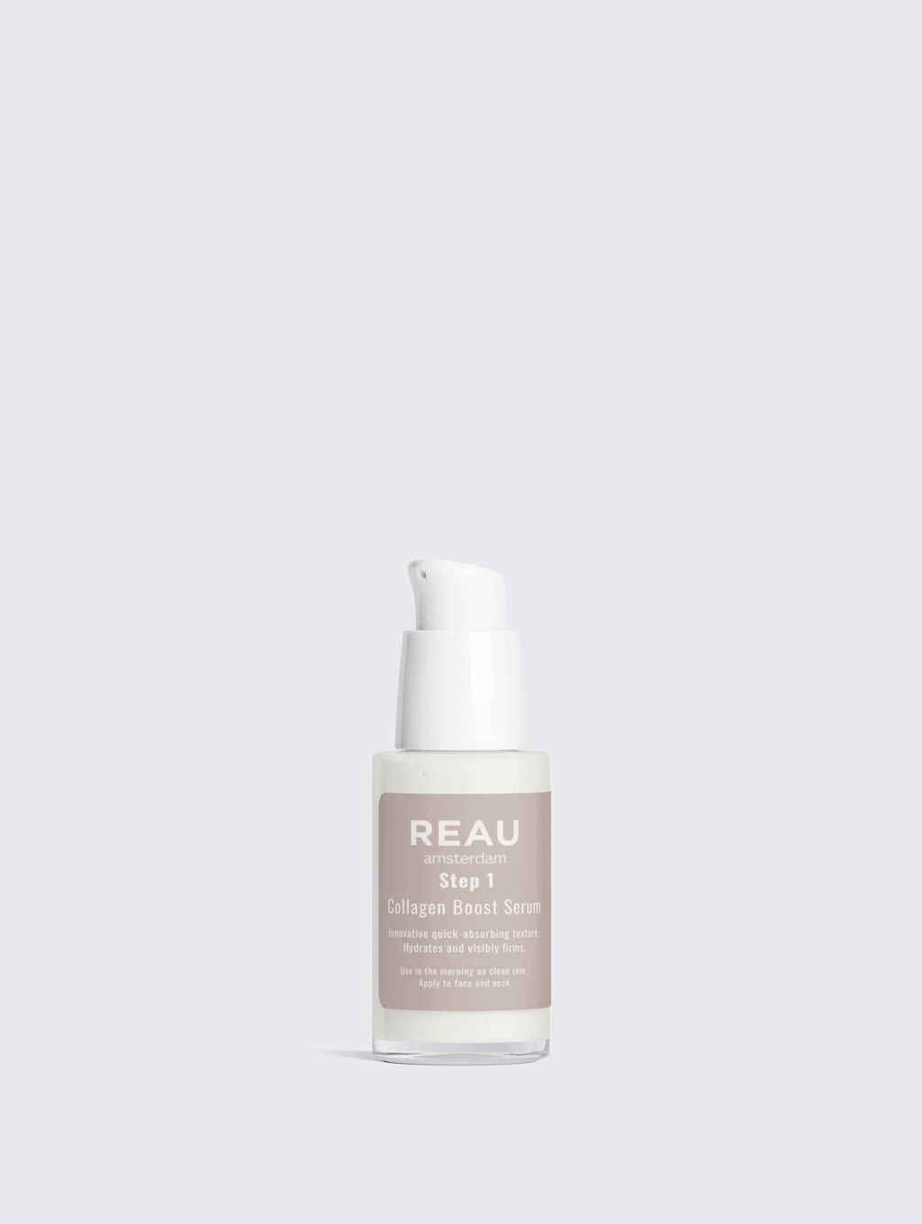 Skincare serum bottle labeled 'REAU' on a light gray background
