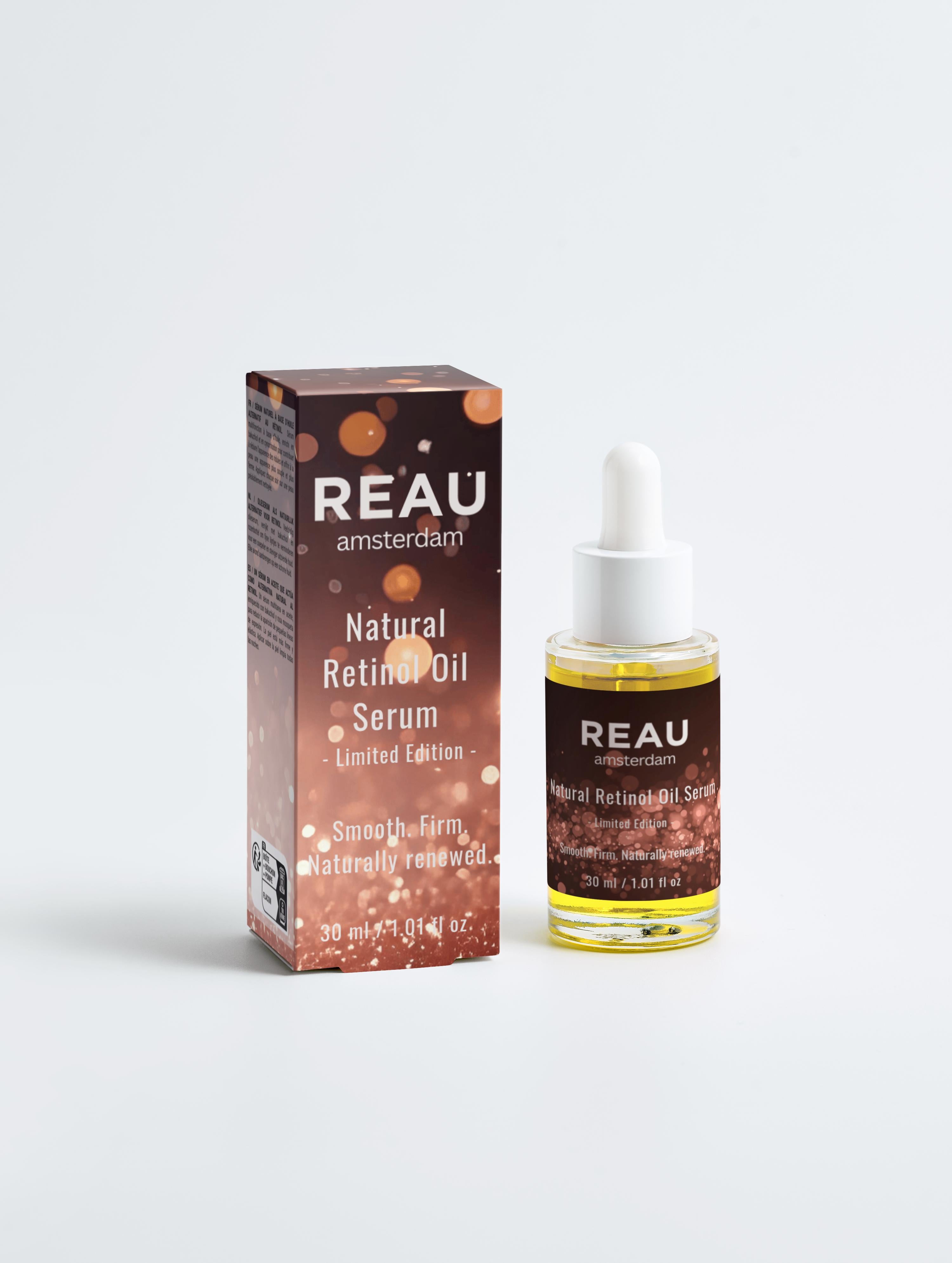 REAU Natural Retinol Oil Serum bottle and packaging on a white background